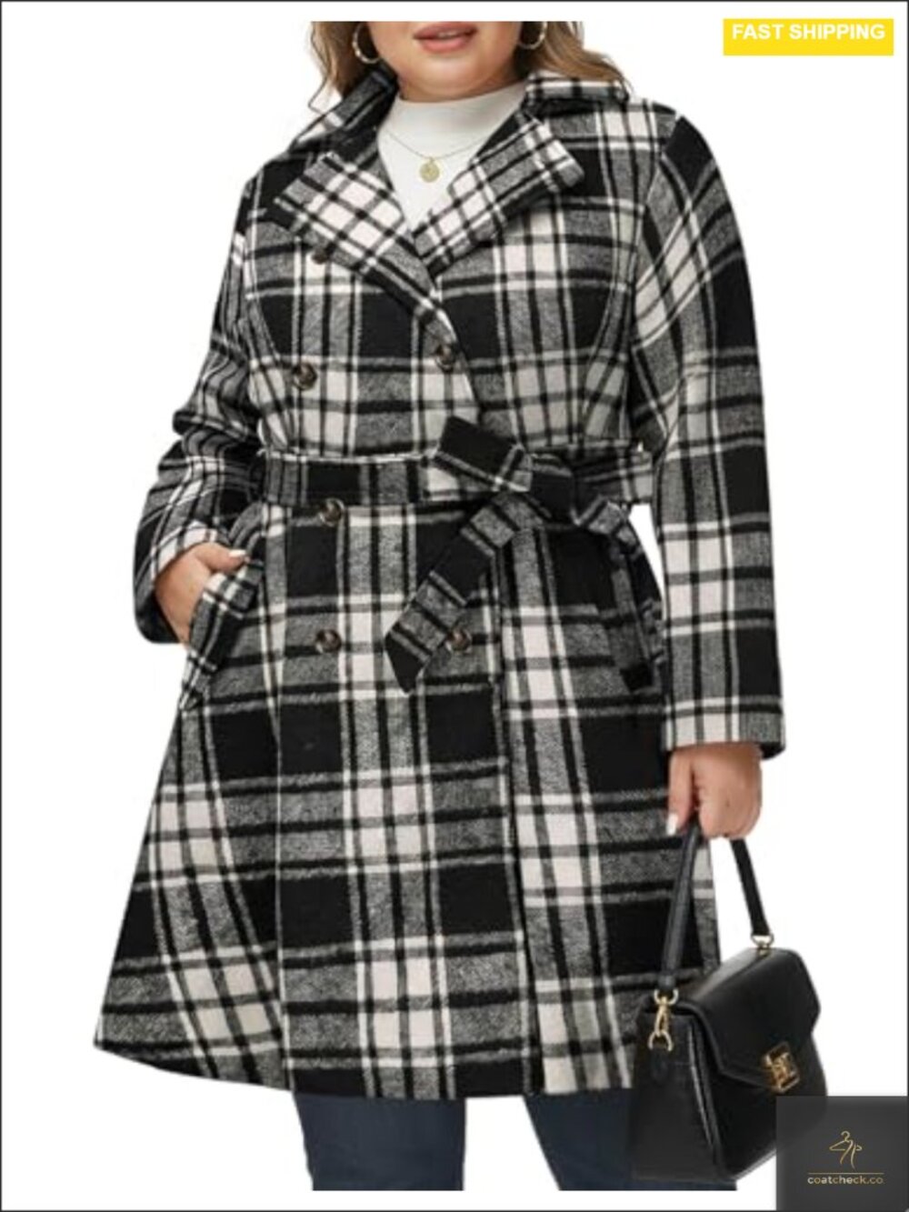 Women Plus Size Double Breasted Wool Blend Peacoat with Belted
